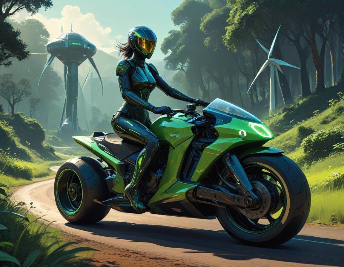 Female Android Rides Monowheel Through Eco-Friendly Countrys...