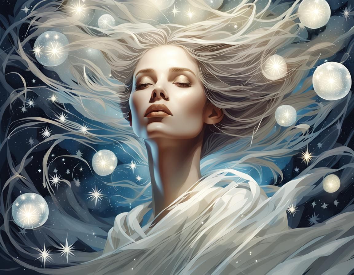 Ethereal Woman with Flowing Hair in Fantasy Illustration