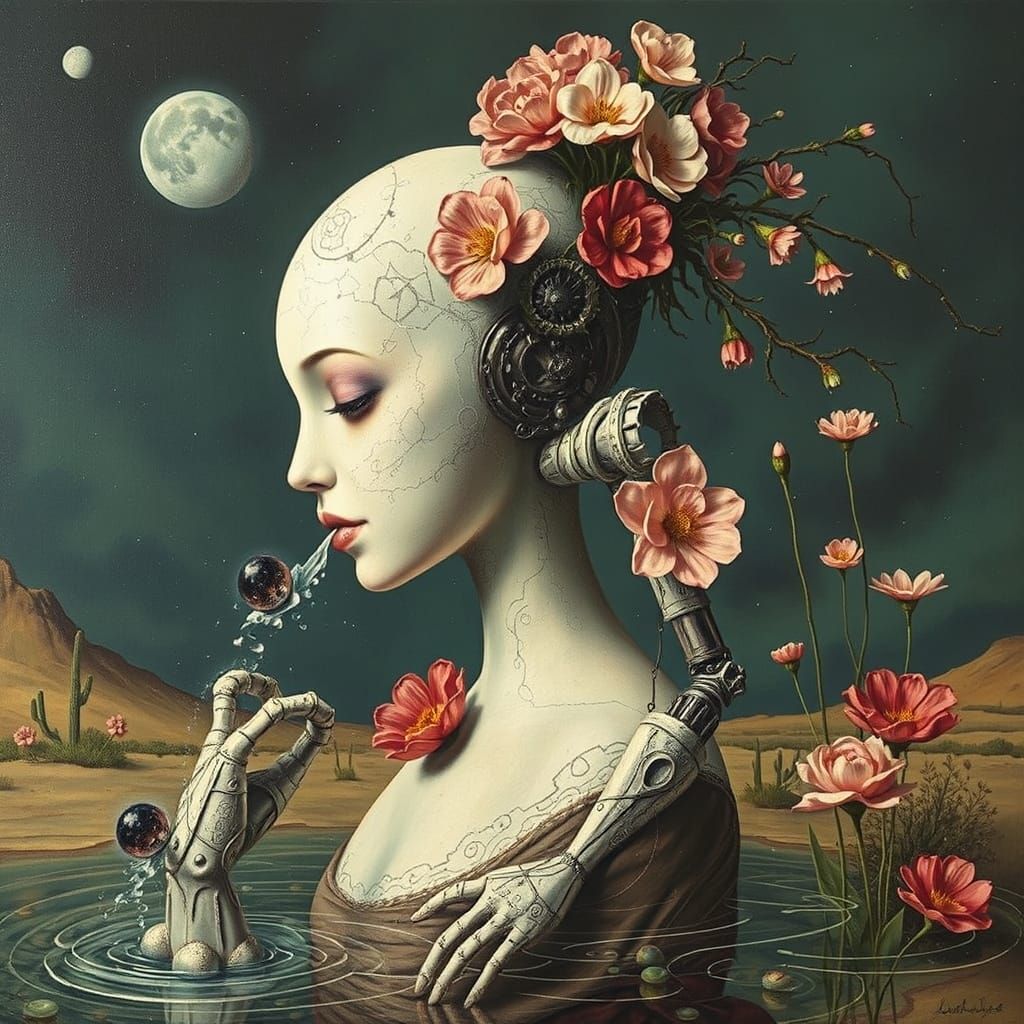 Surreal Robot Waters Desert Flowers in Whimsical Action Pain...