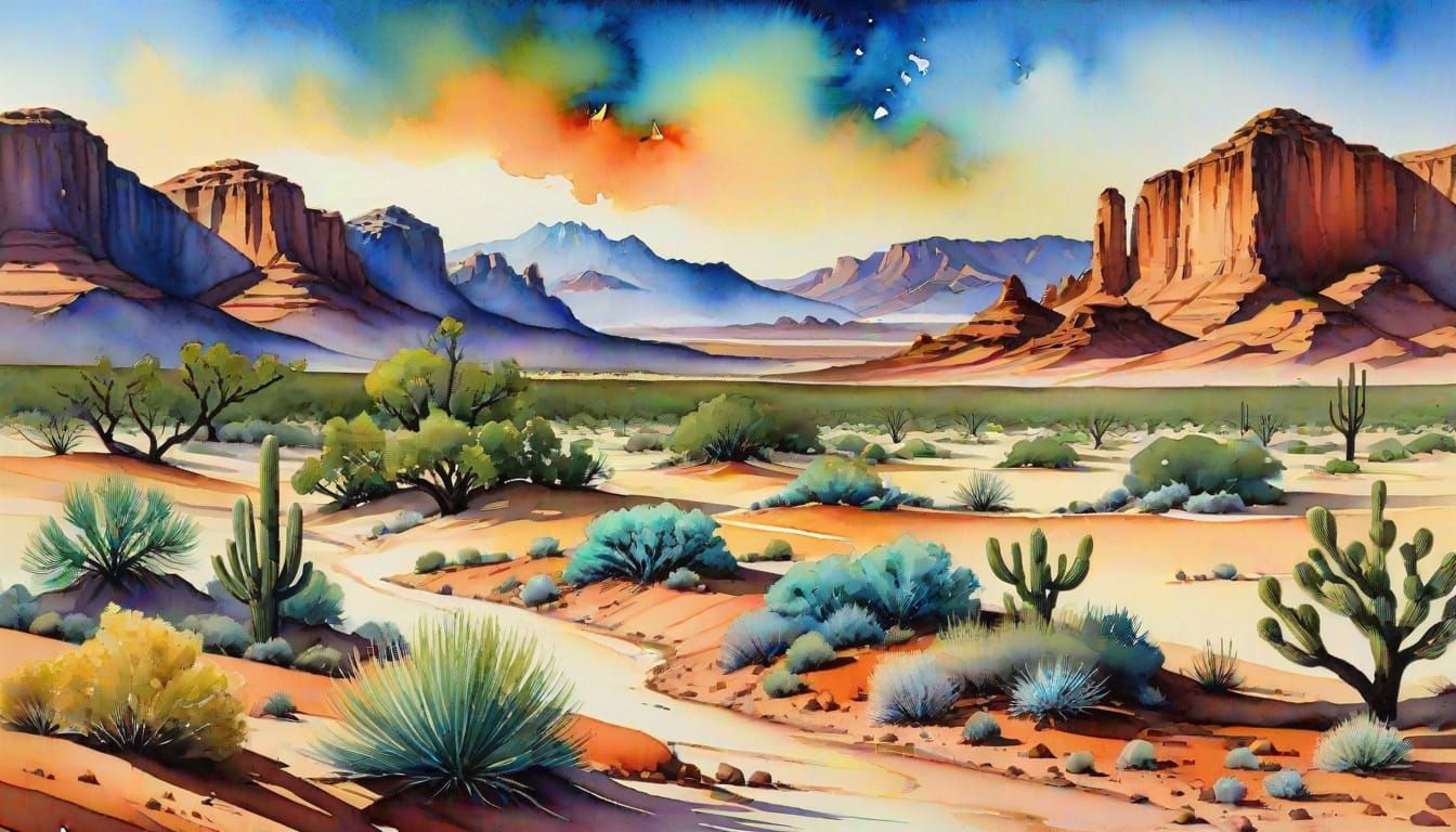 Watercolor Desert Landscape with Alcohol Ink