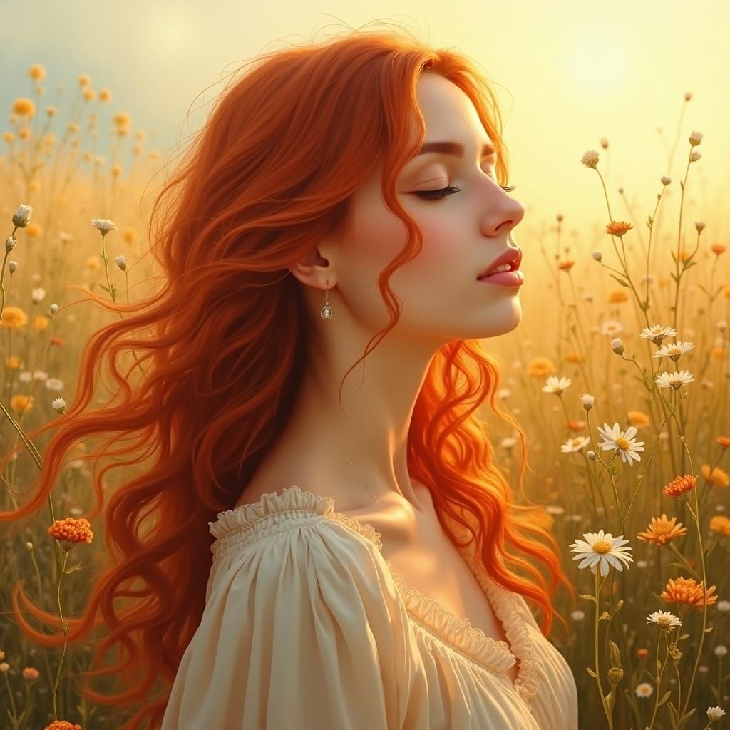 Beautiful Woman with Red Hair in Golden Hour Meadow Oil Pain...