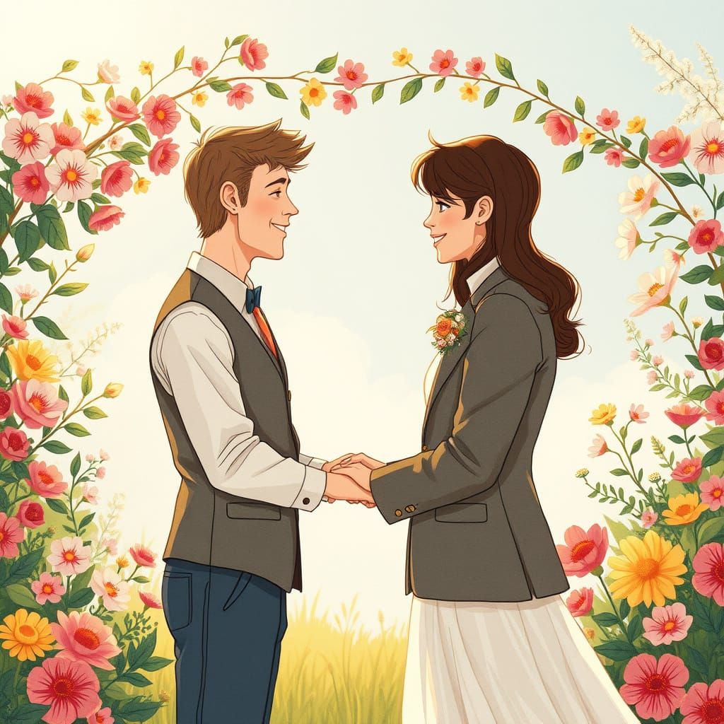 Romantic Whimsical Couple Exchanging Vows in Blooming Garden