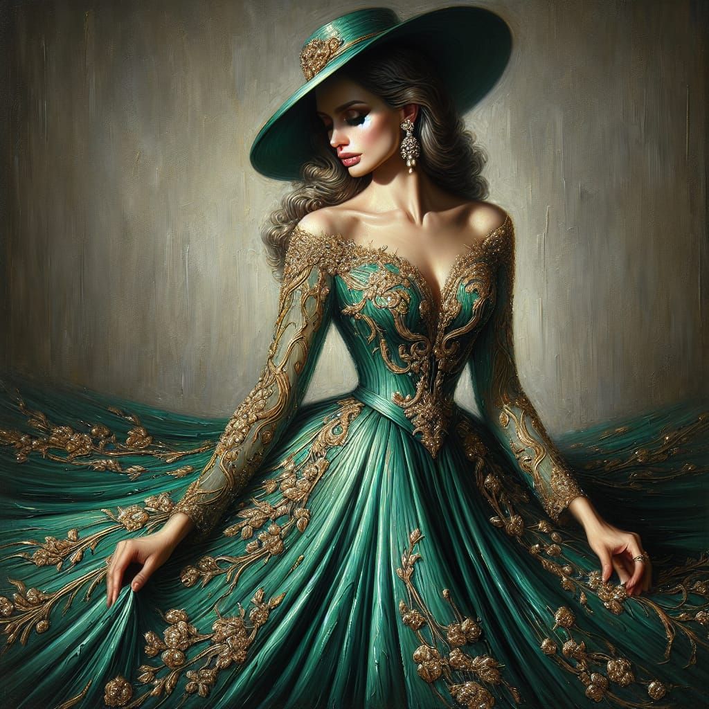 Elegant Middle-Eastern Woman in Emerald Green Gown, Hyperrea...