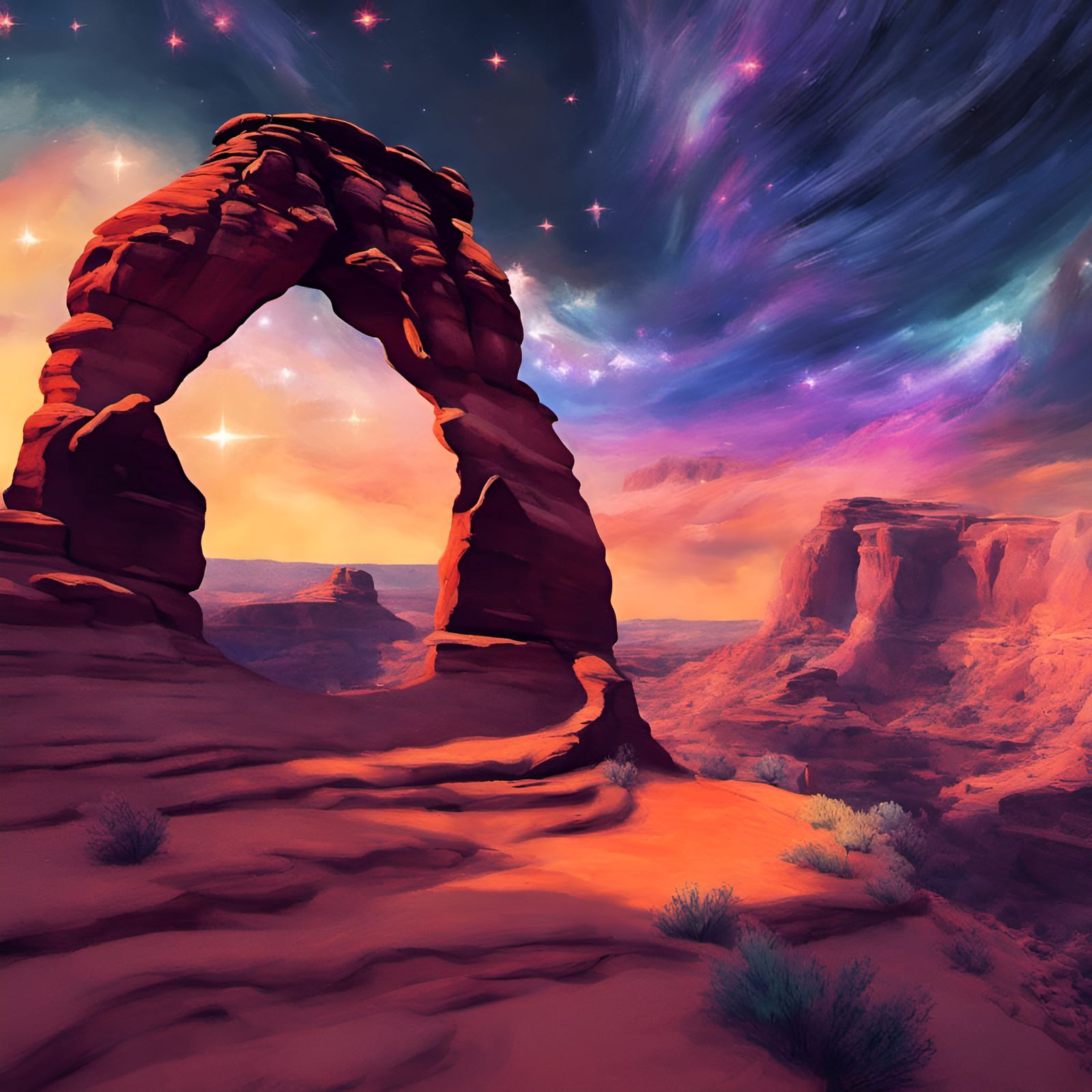 Delicate Arch Under Stars: Impressionist Landscape