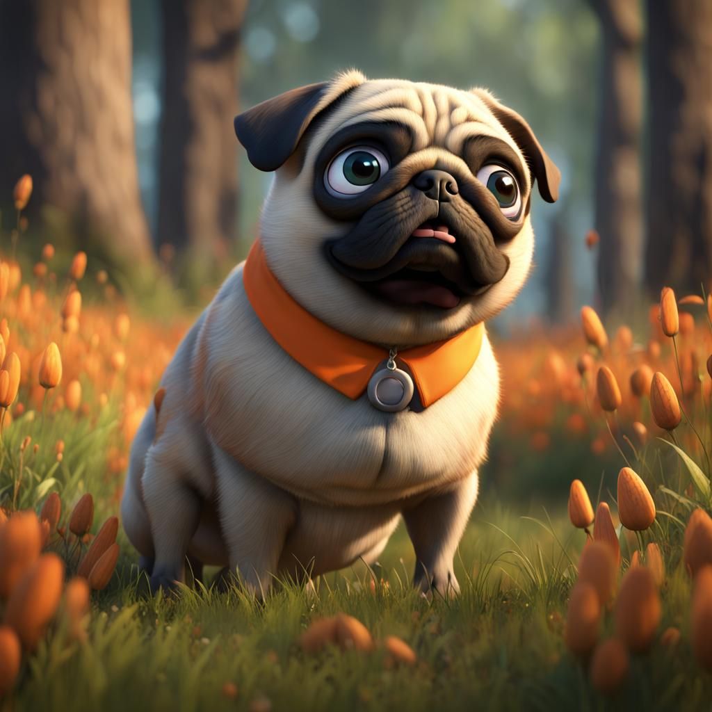 Chubby Pug in a Field: 8K Render
