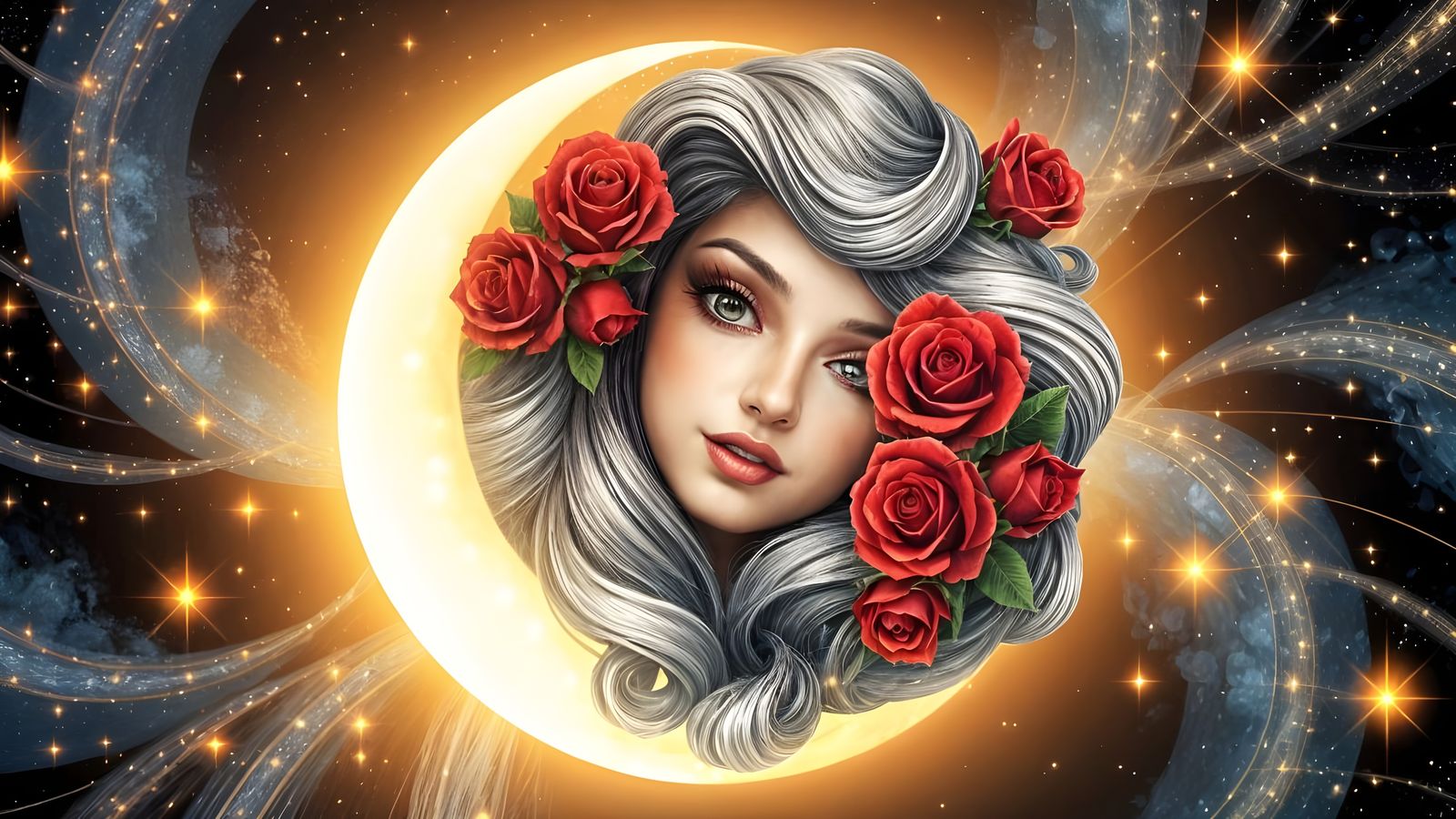Ethereal Woman Embedded in Crescent Moon