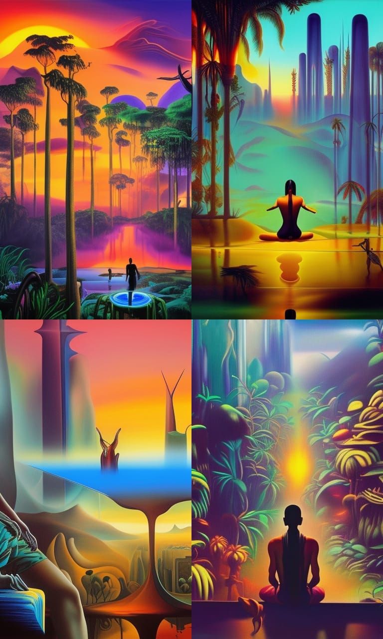 Surreal Jungle Meditation at Sunrise in Cyberpunk Style