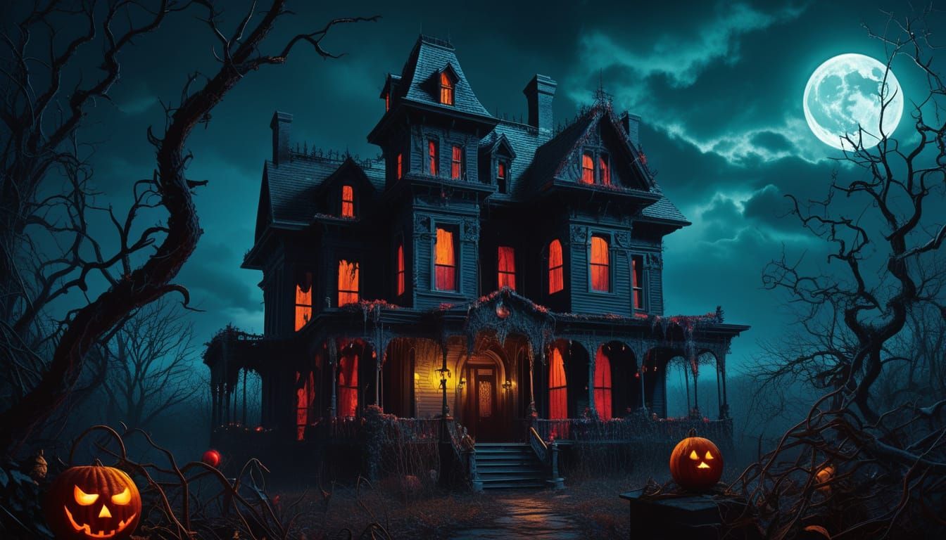 A haunted Victorian mansion, draped in tattered Christmas decorations and overgrown with thorny vines, stands against a ...