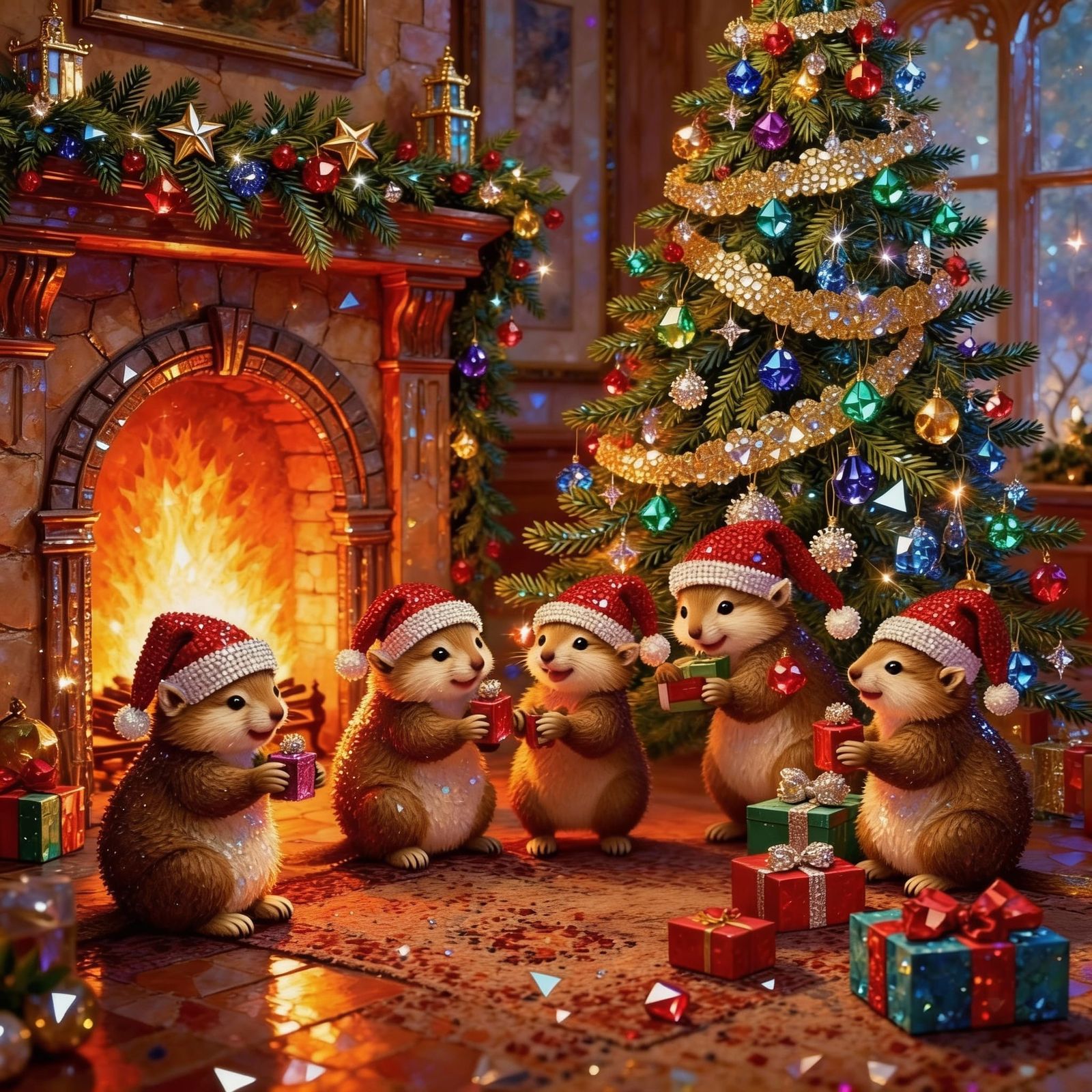 Quokkas Celebrate Christmas by Fireplace in Diamond Painting...