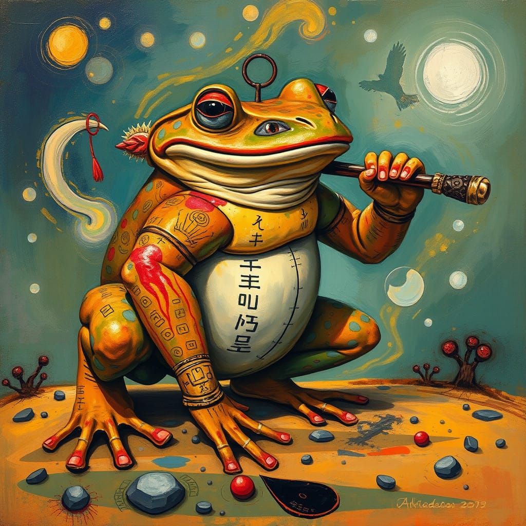 Cyberpunk-Style Frog Warrior in Mosaic Textures