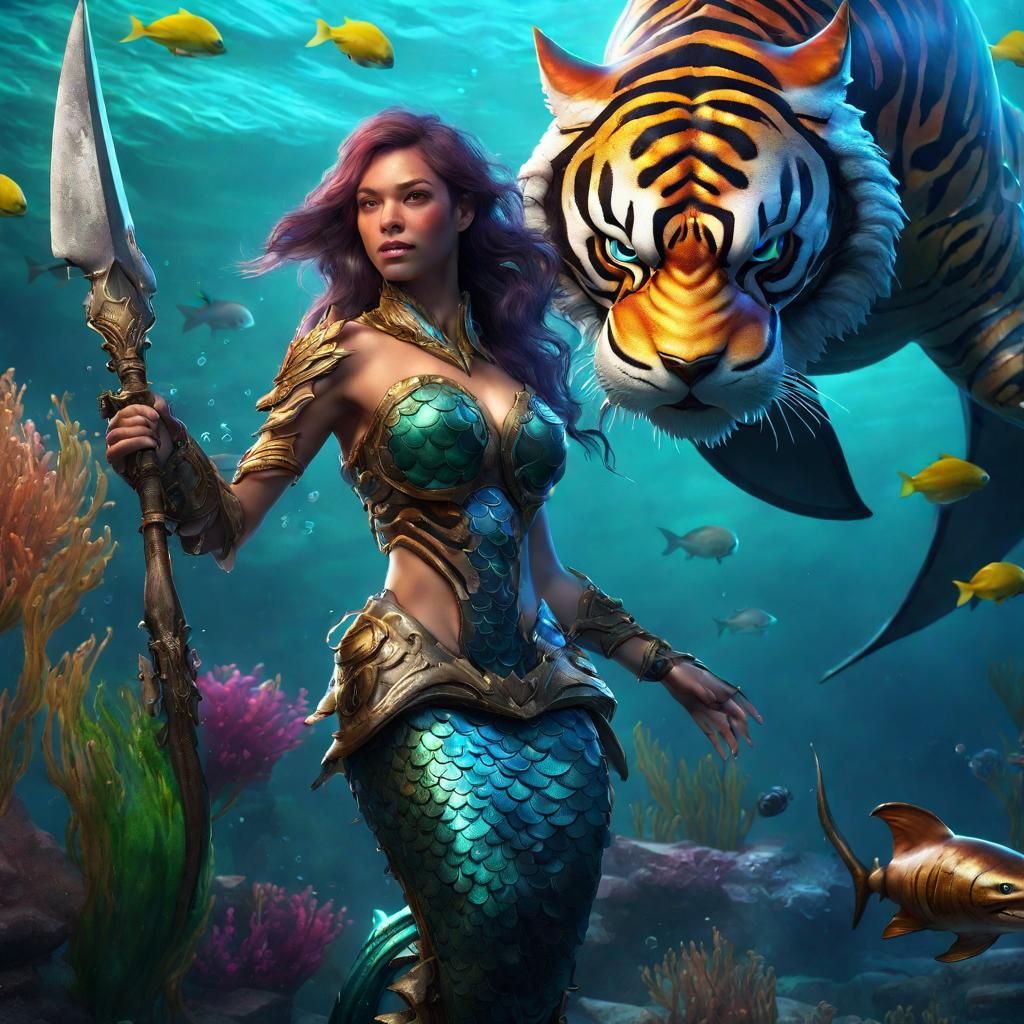 Mermaid Warrior Battles Tiger Shark: Fantasy Art