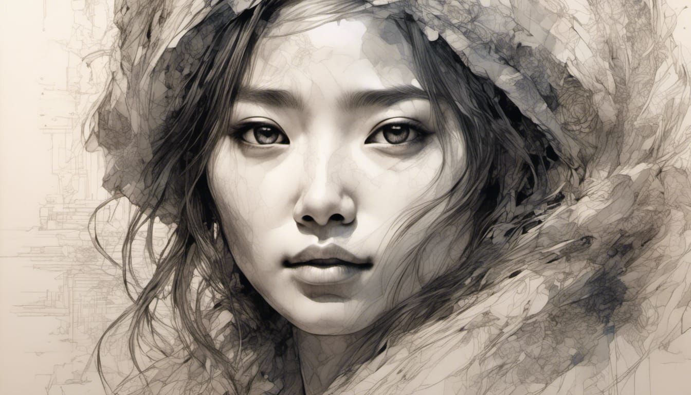 Monochrome Portrait of Asian Woman in Japanese Style