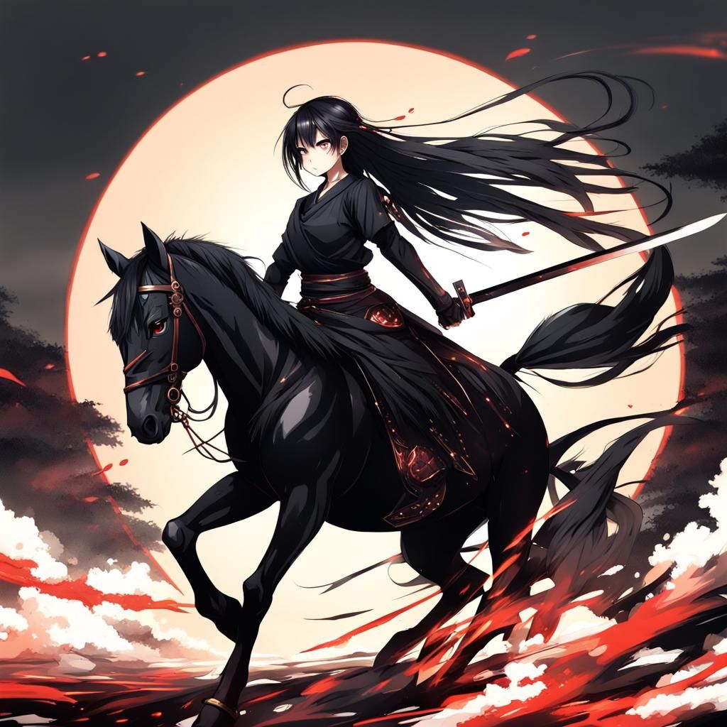 Angry Samurai Girl on Black Horse in Anime Style