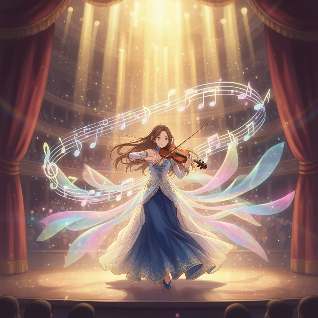 Anime Violinist in Majestic Concert Hall, Golden Spotlights