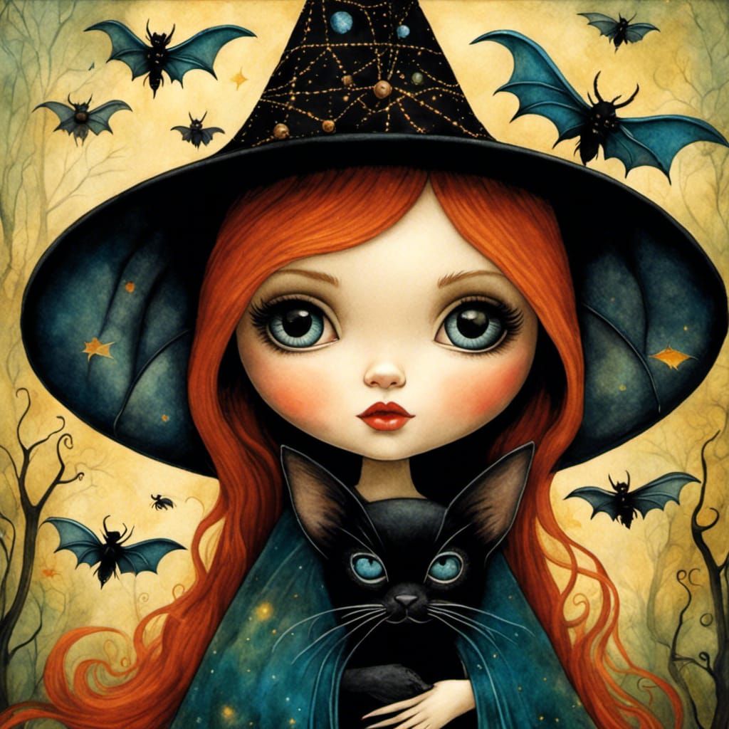 Cute Witch Doll in Art Brut Watercolor Style