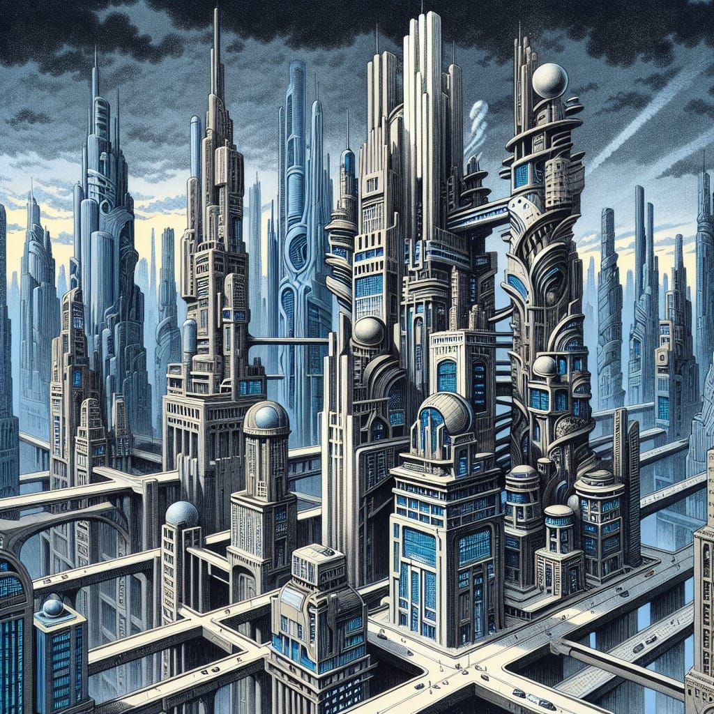 Surreal Futuristic Cityscape in Moody Blues and Grays