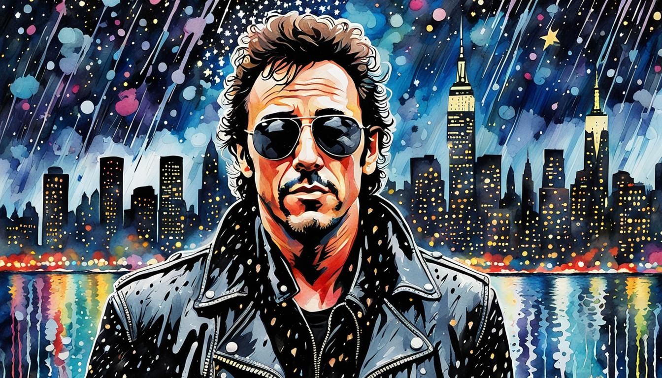 Bruce Springsteen Pop-Art Portrait in Rainy New York