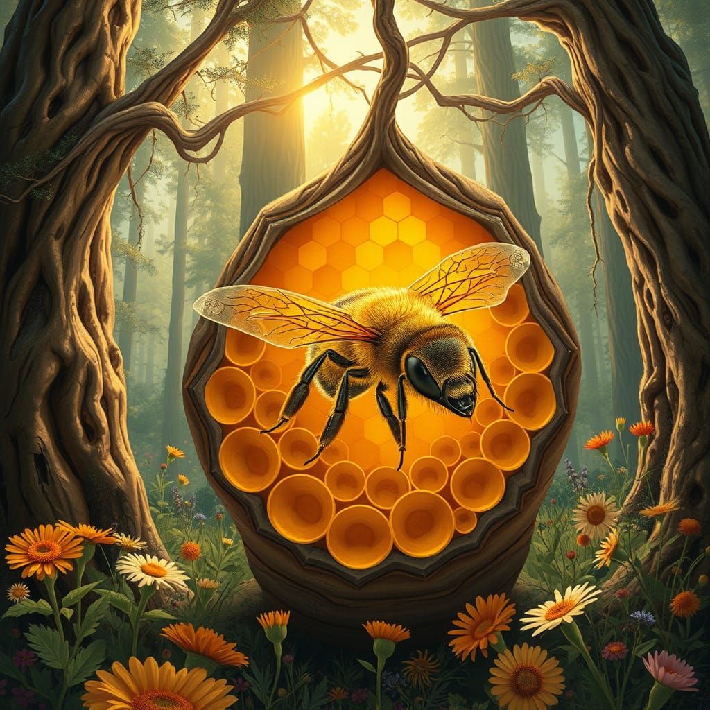 Golden Honey Bee in a Whimsical Ancient Forest Scene