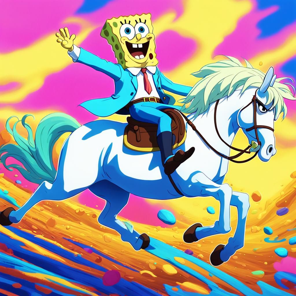 SpongeBob Rides a Horse in Anime Style
