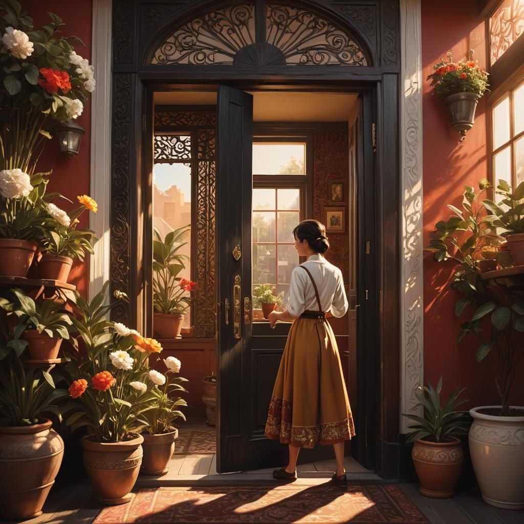 Housewife Opening Door in Vibrant Fantasy Art