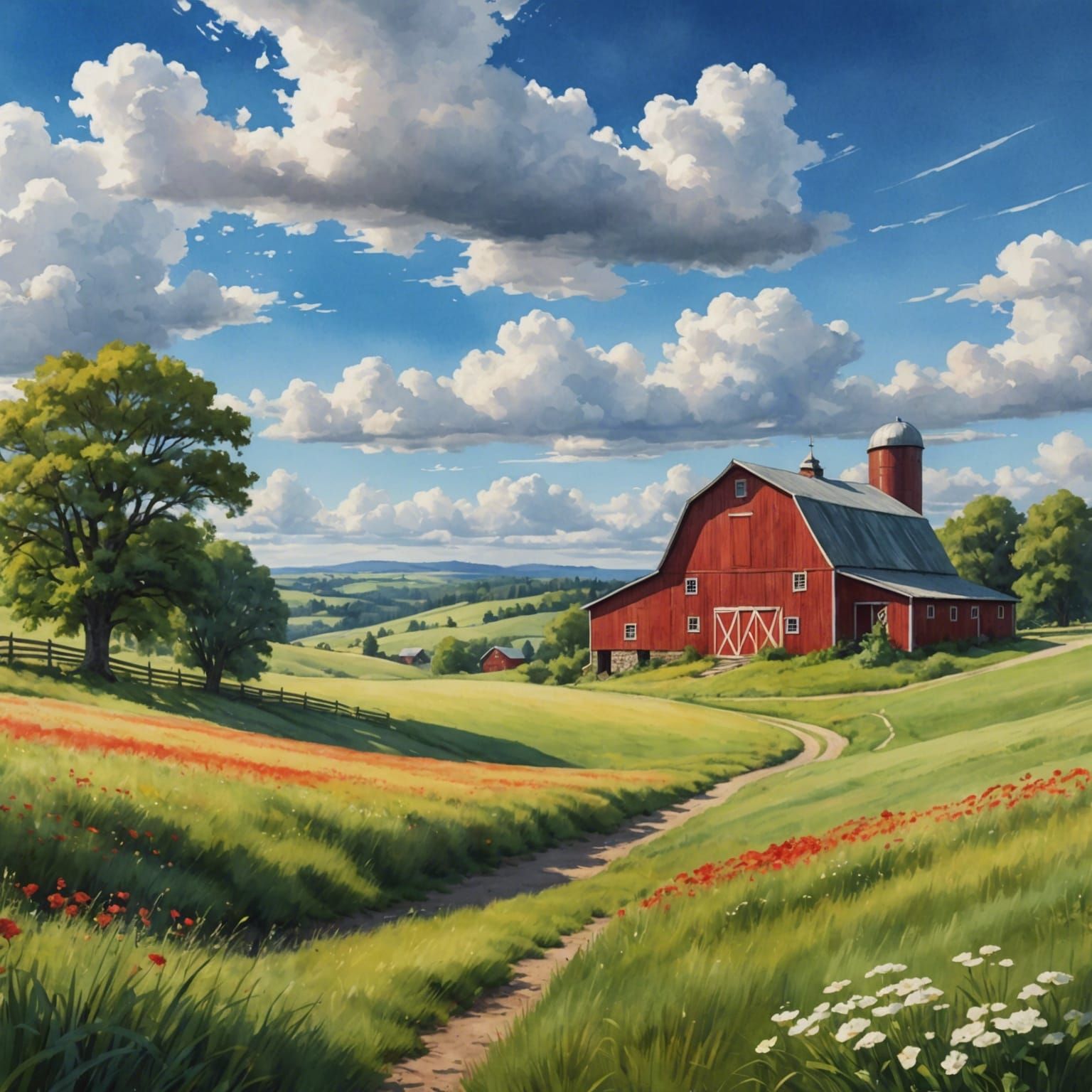 Watercolor Barn on Grassy Hill with Blue Sky