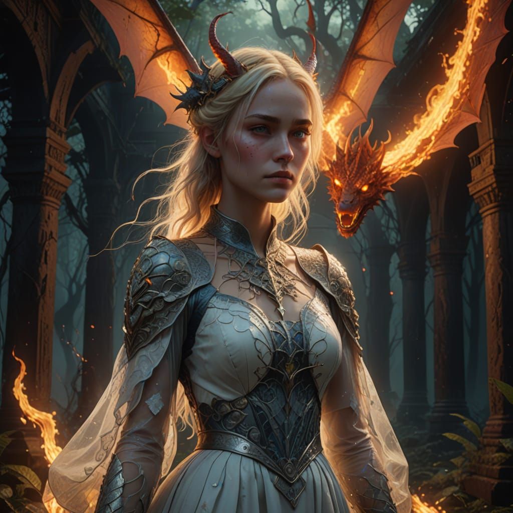 Gothic Maiden Walks to Burning Shrine with Pet Dragon in Rai...