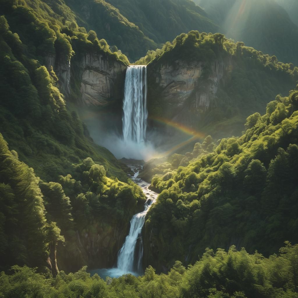 Cinematic Mountain Landscape with Waterfall and Iridescent F...