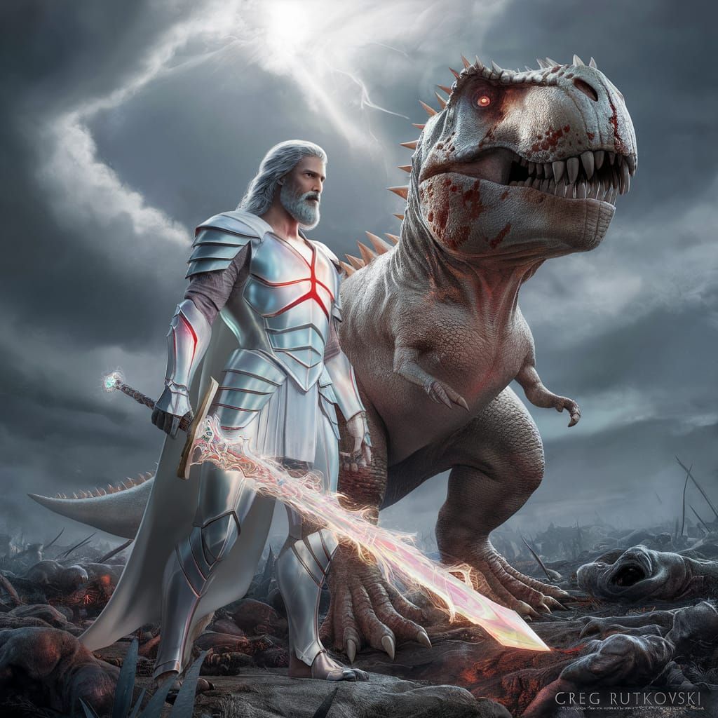 Jesus Christ as Warrior with T-Rex in Dark Fantasy Art