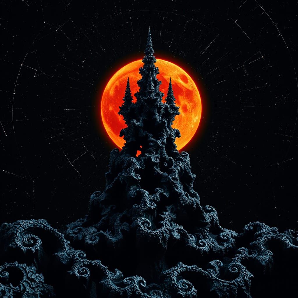 Alien Mandelbulb Structure Backlit by Red Moon