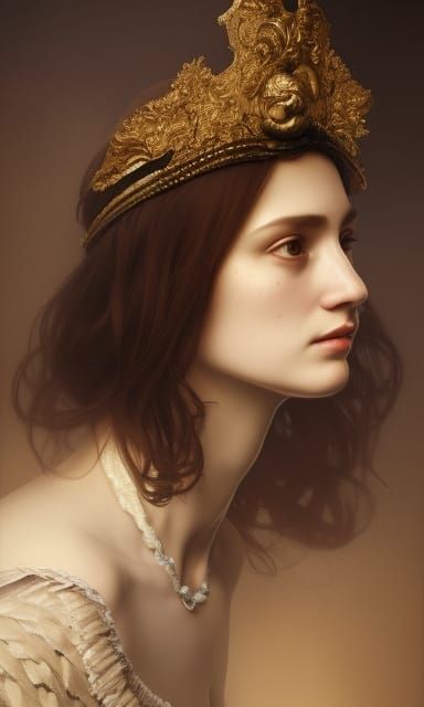 Full-length hyper-realistic portrait of a woman with a Venet...