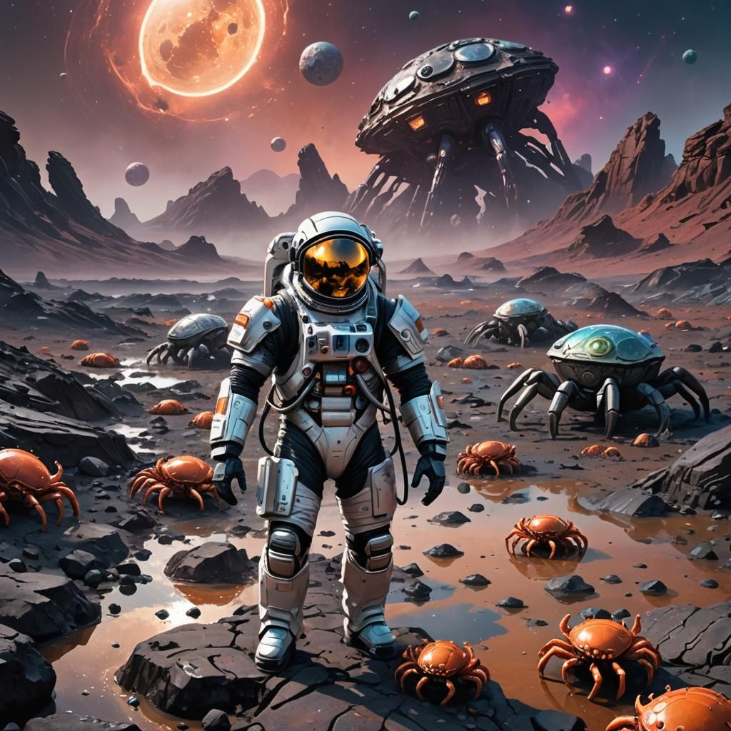 Astronaut on Metal Crab Planet in Visionary Art