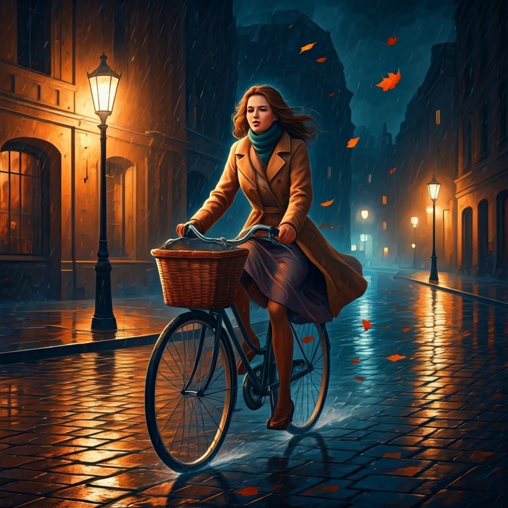 Woman Biking Through Storm in Oil Painting Style