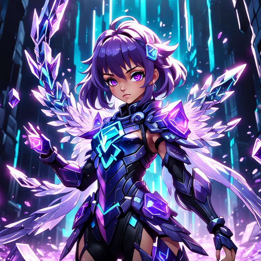 Neon Amethyst Crystal Guardian Girl Anime Art