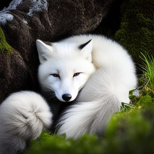 Fluffy White Baby Arctic Fox Asleep on Mossy Ground