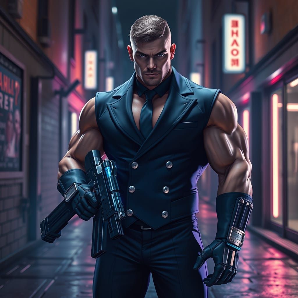 Cybernetic Superhero in Navy Barrister's Attire, Armed with ...