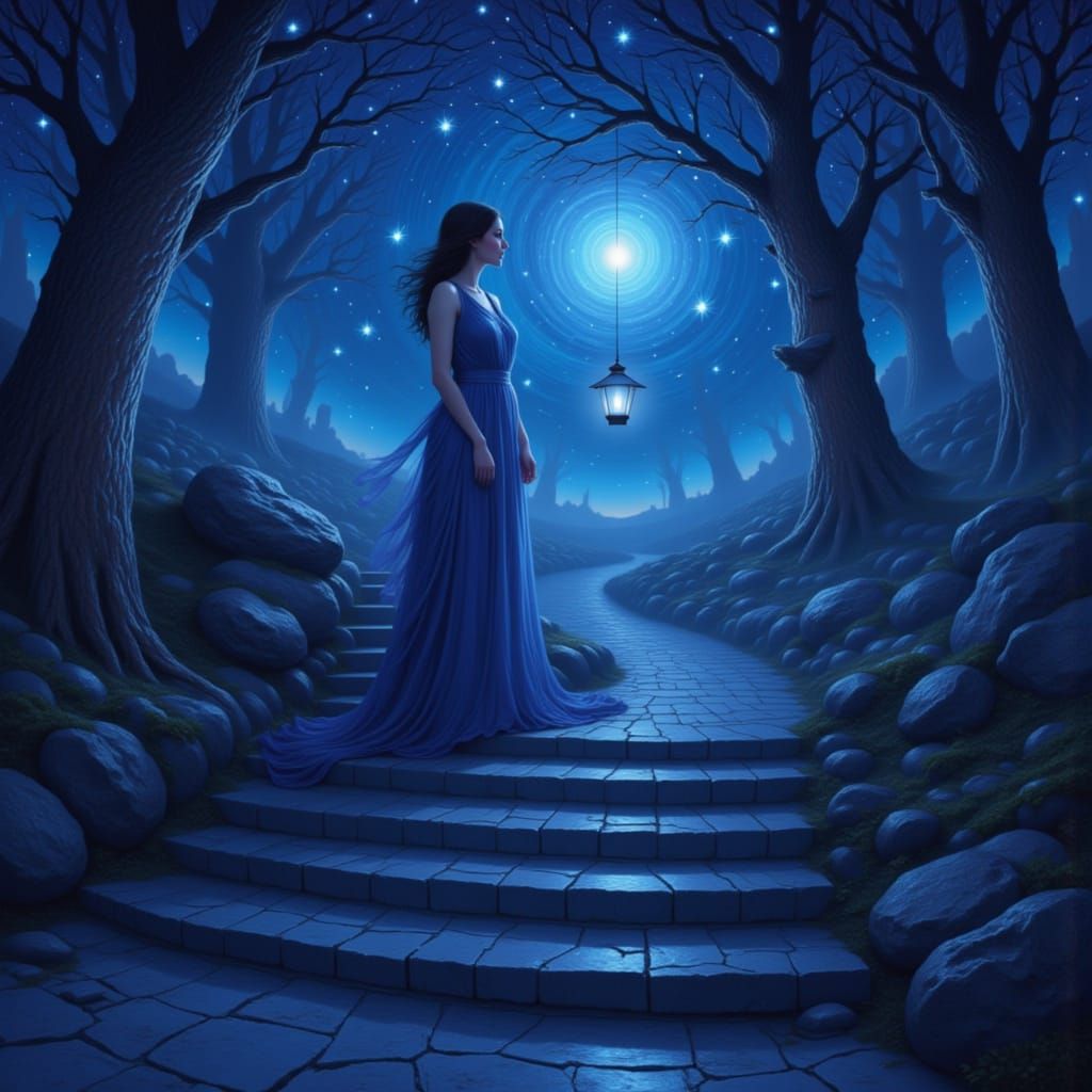 She watches the light of the lantern on the stairs of blue i...