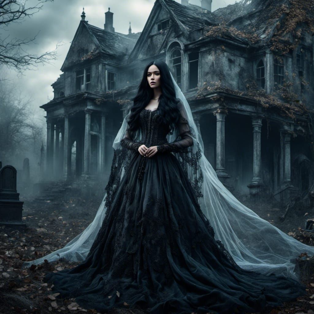 Ghostly Victorian Lady with Long Black Hair