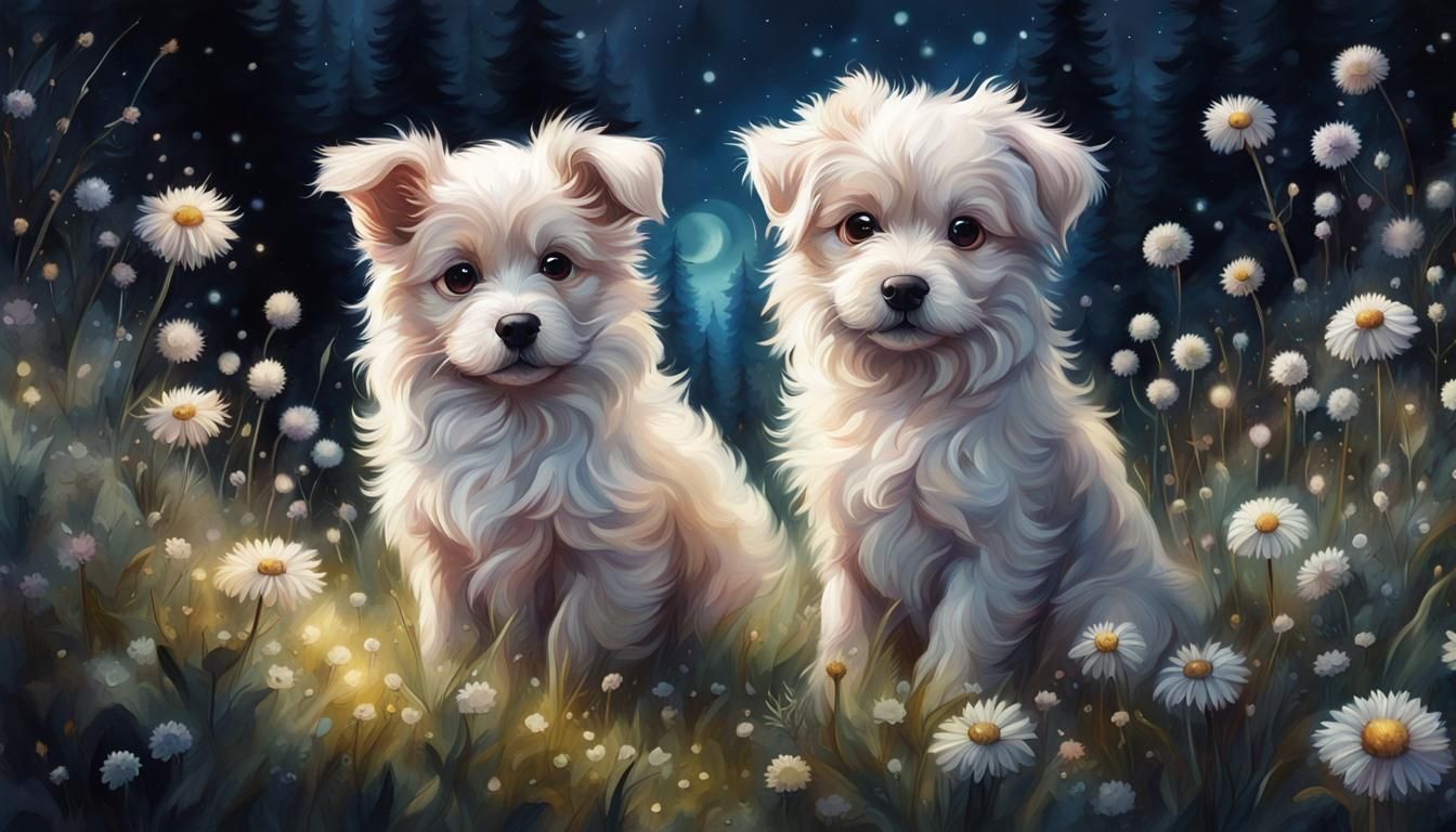 Cute Puppy in Moonlit Meadow Painting