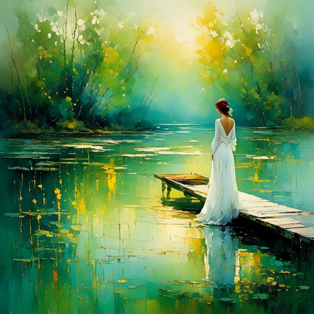 Lonely Woman on Pond in Impasto Watercolor