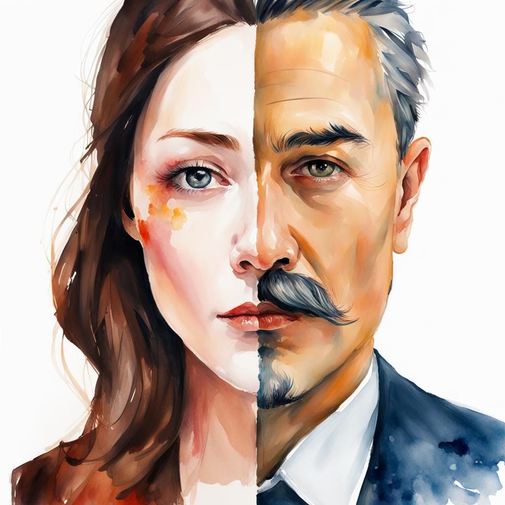 Split Portrait: Woman and Man in Watercolor Style