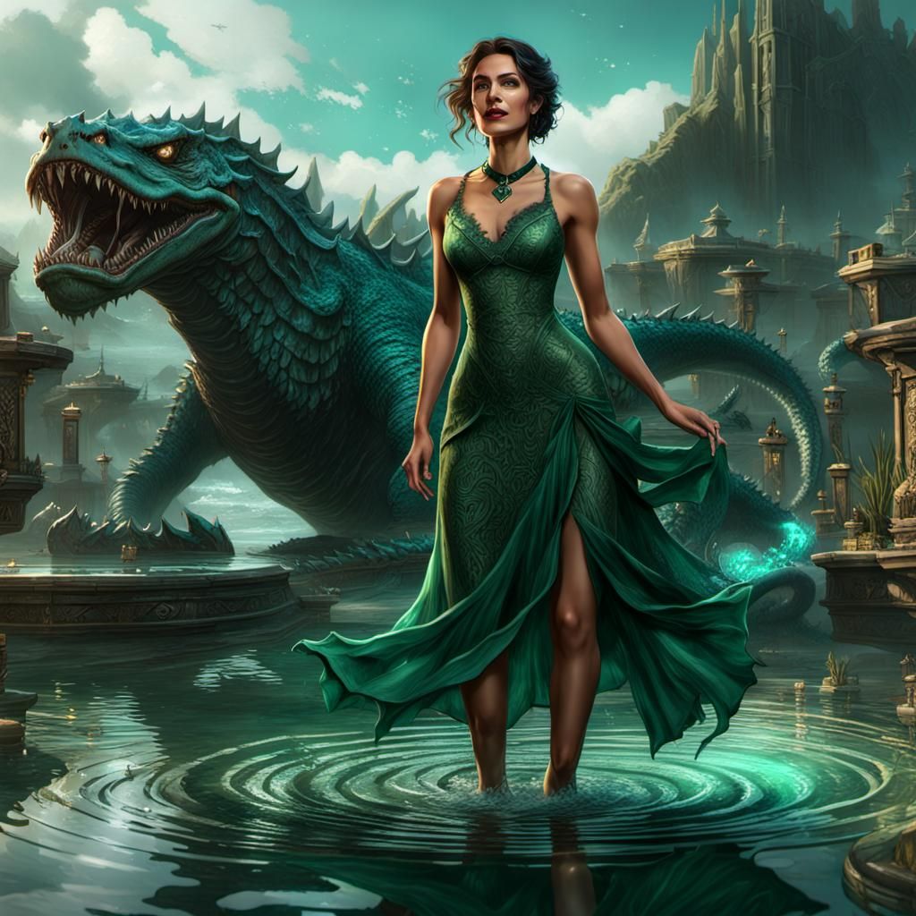 Brunette in Pond with Sea Monster, Dark Fantasy Art