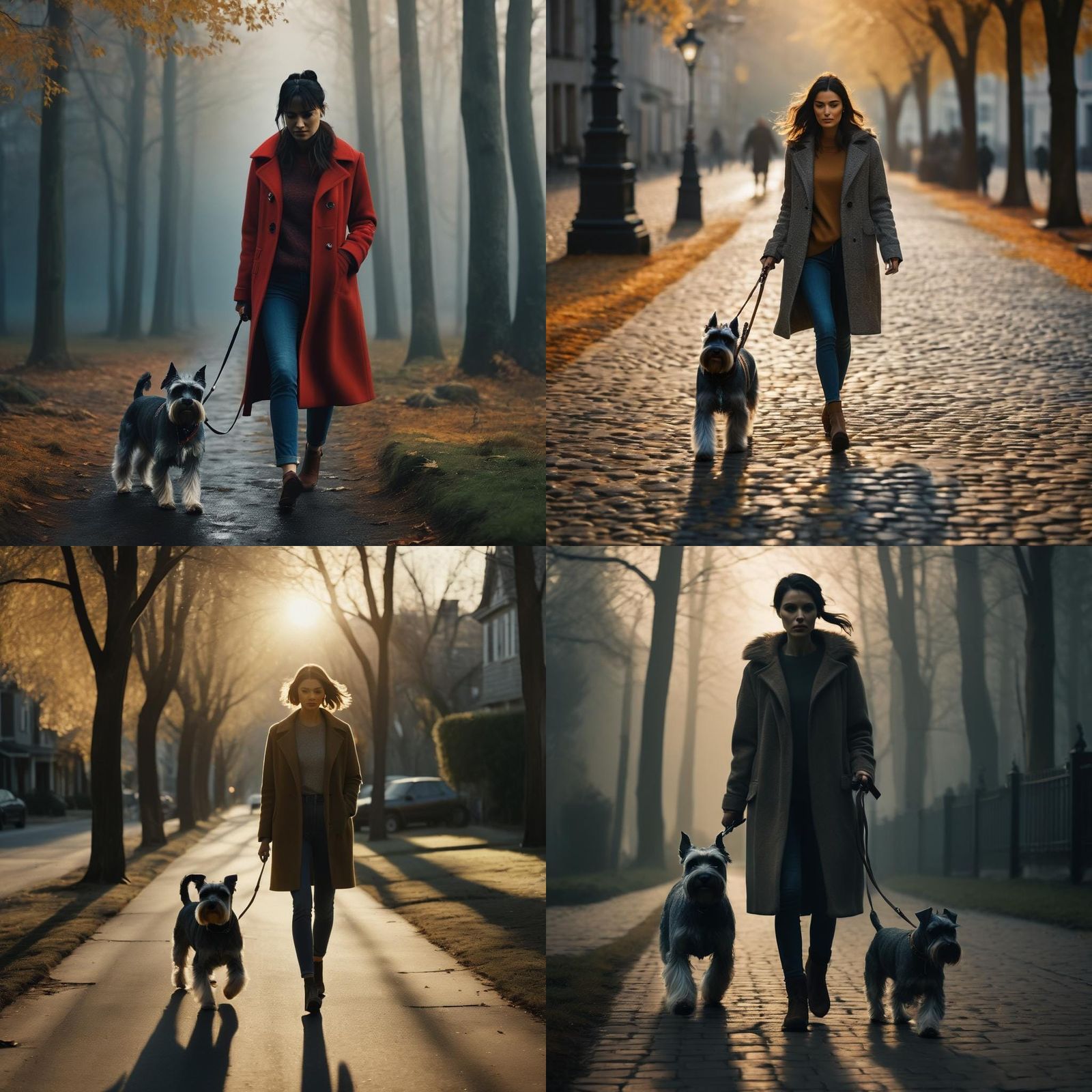 Brunette Woman Walking Dog: Cinematic Film Still