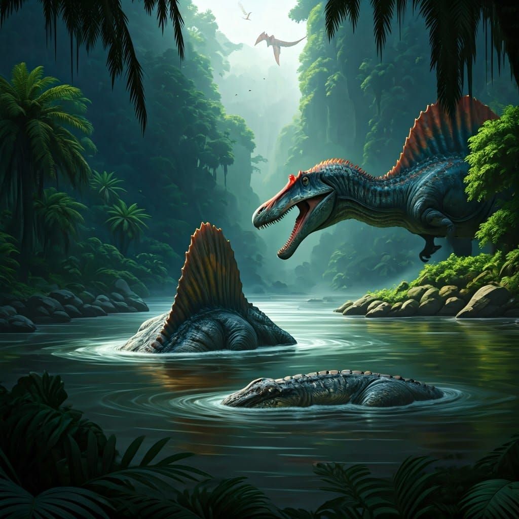 Spinosaurus Attack on Bathing Dinosaurs