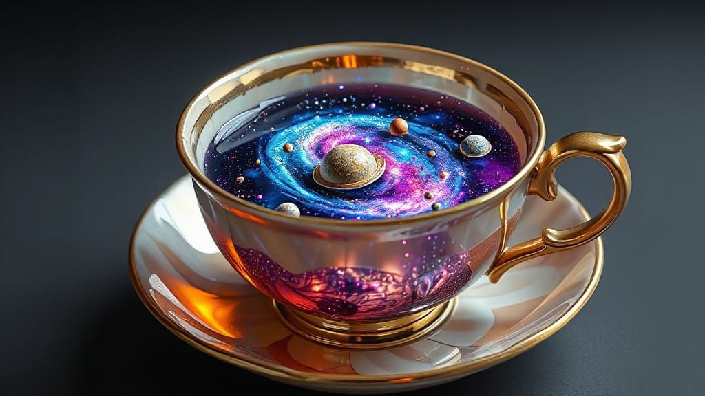 Cosmic Galaxy Teacup in Surreal, Dreamlike Style
