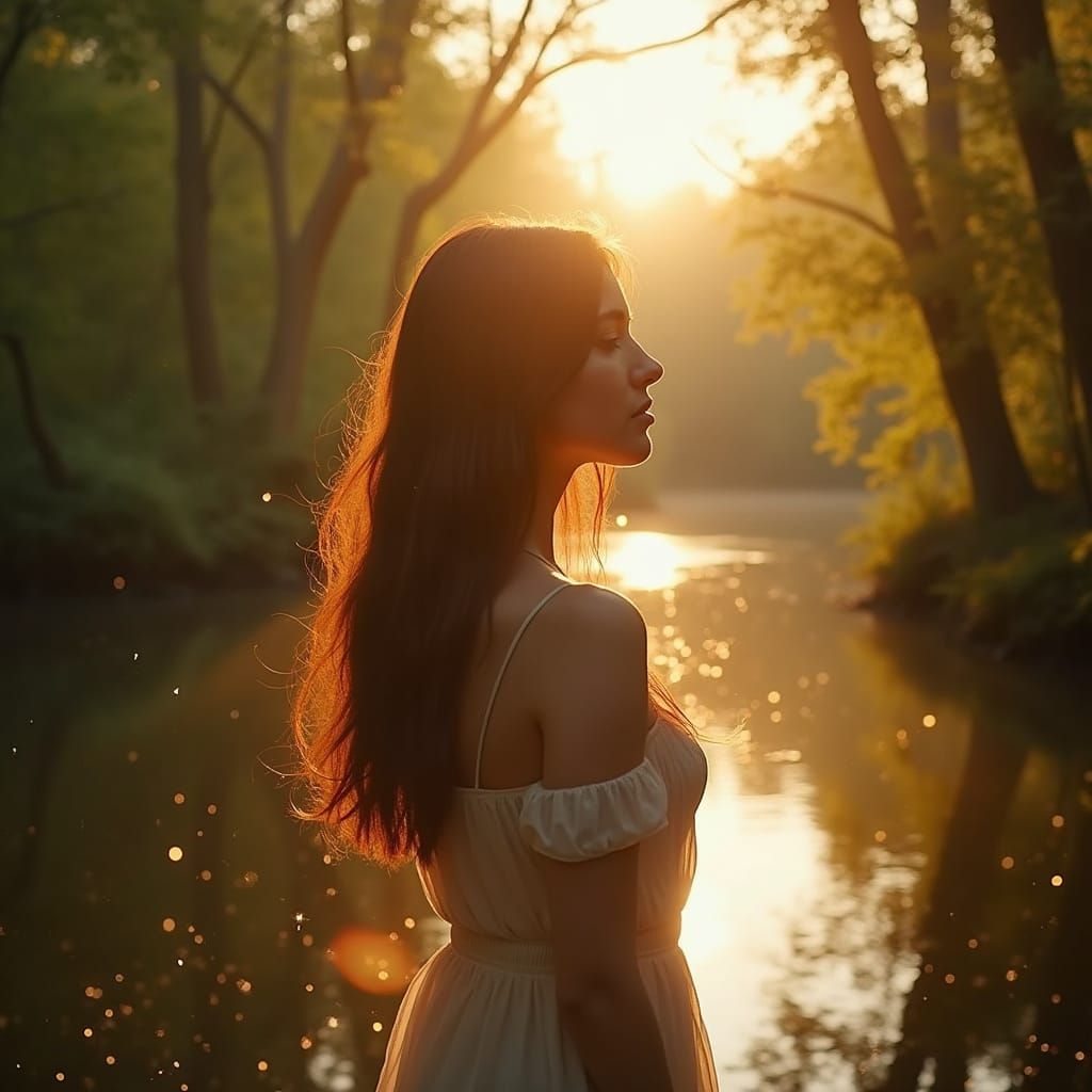 Fantasy Forest River Scene in Golden Hour