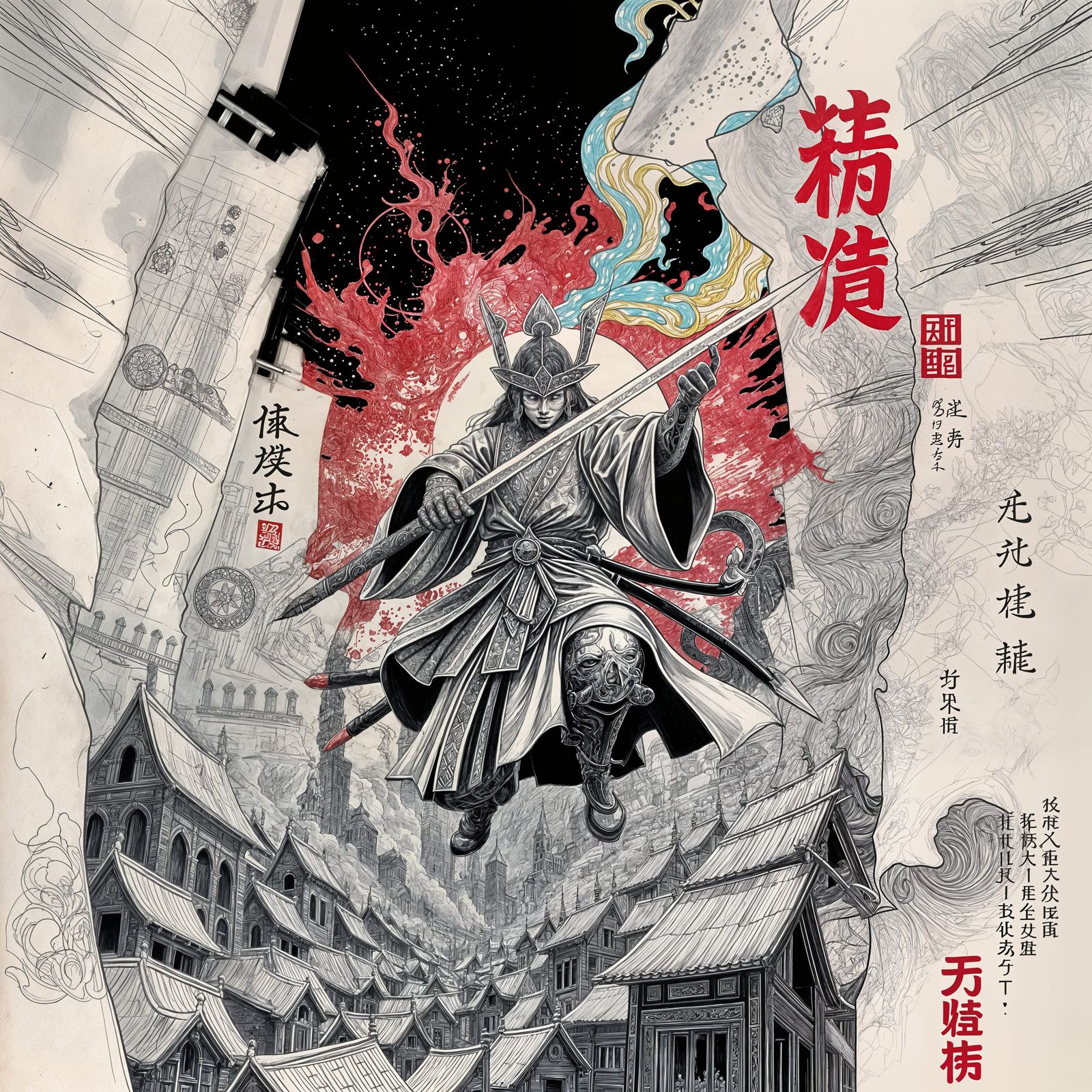 Swordsman Materializes from Parchment with Bursting Colors