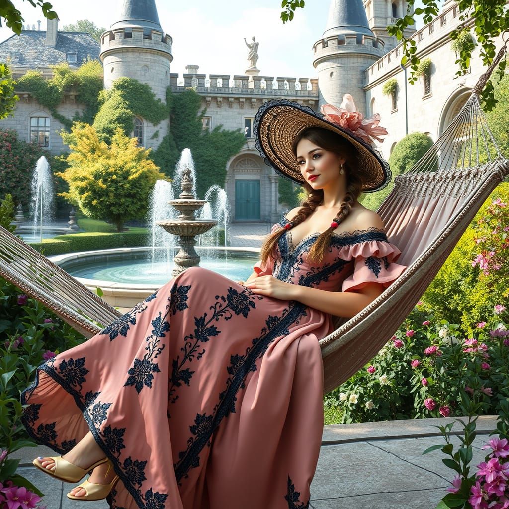 Elegant Victorian Lady in Castle Garden Hammock