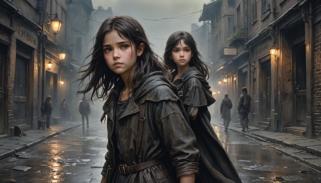 Girl Leads Emerald Lion Through Foggy City Street