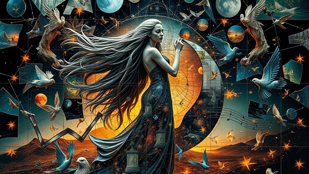 Surreal Fragmented Sculpture with Glowing Mythical Creatures...