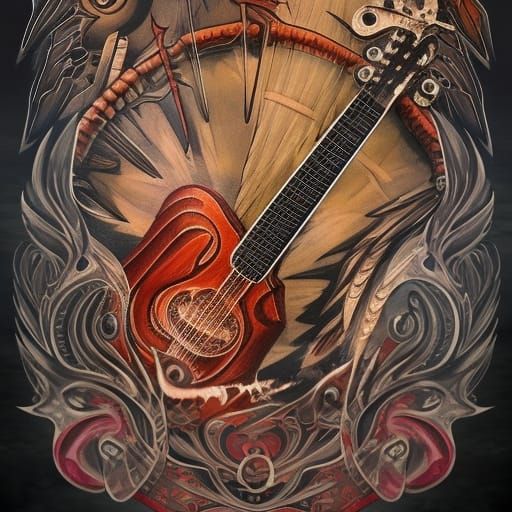 Tribal Guitar Tattoo Flash Art in Detailed Matte Style
